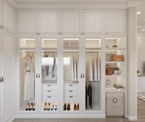 Tủ áo chất liệu gỗ MDF, cánh khoét kính màu trắng