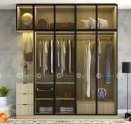 Tủ áo chất liệu gỗ MDF, cánh khoét kính màu trắng