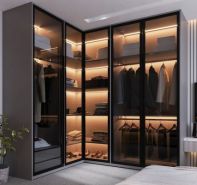 Tủ áo chất liệu gỗ MDF, cánh kính màu trà , có đèn led, cánh nhôm