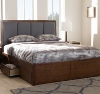 Giường gỗ MDF, phủ melamin, đầu giường bọc nệm có ngăn kéo